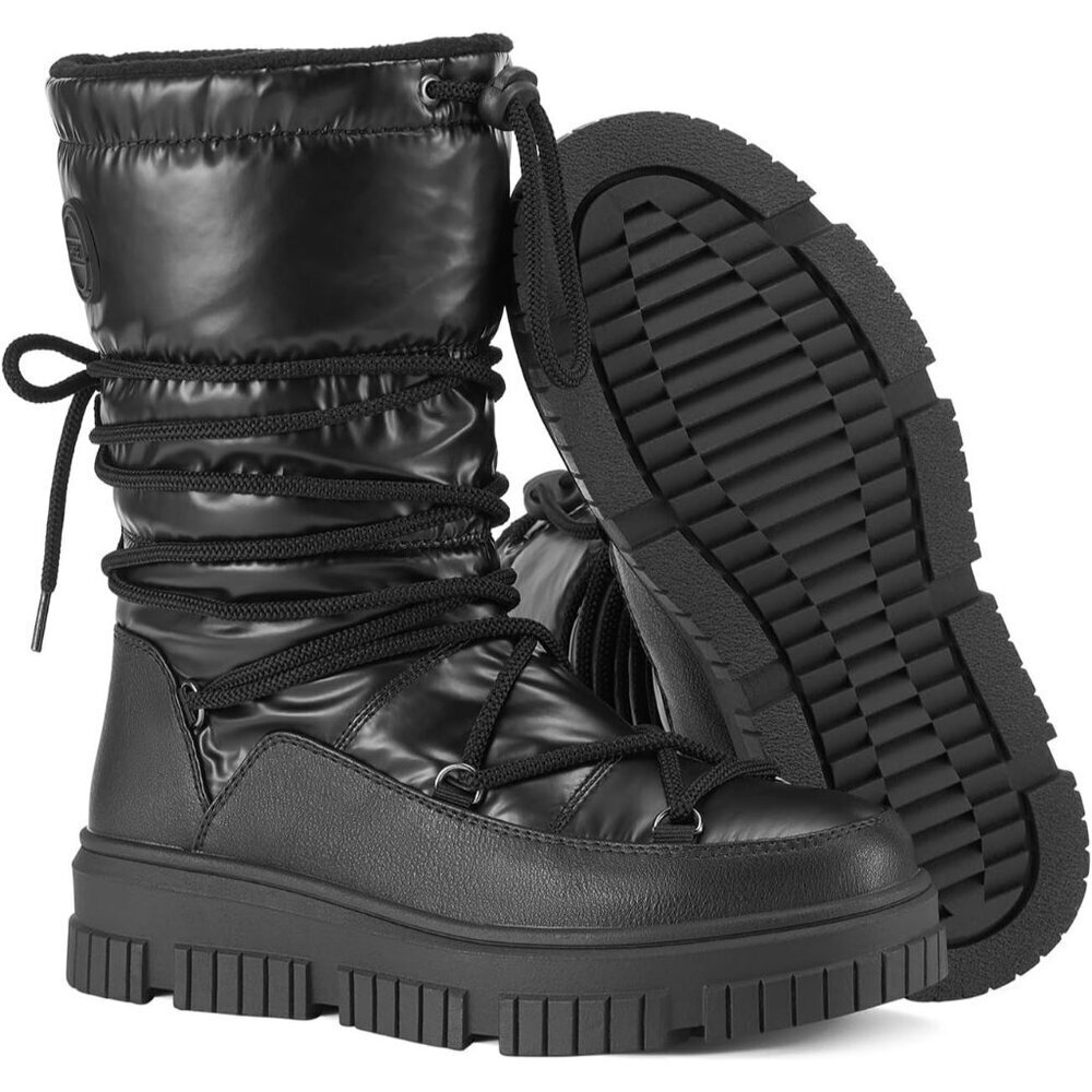 Women Black Waterproof Fleece Lined Rain Boots for Winter Cold Weather